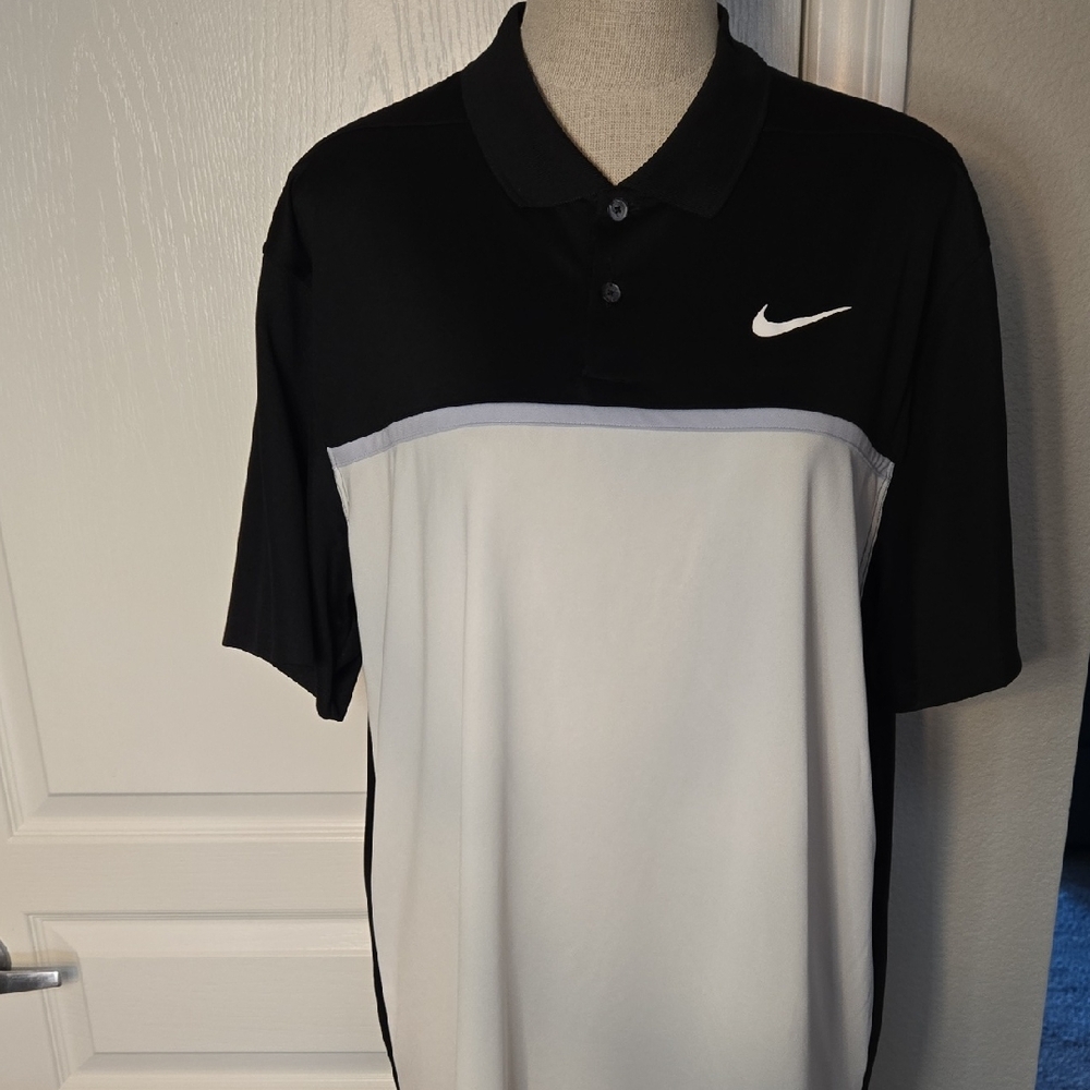 Nike Dri-Fit Golf Polo Shirt Mens L Black Striped Short Sleeve Golf Shirt .